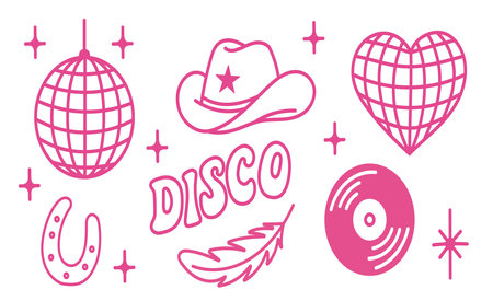 Disco ball with cowboy and cowgirl hats in western style, illuminated by shiny lights, for a retro party or country music festival, or a wild west themed event.のイラスト素材