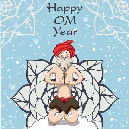 Yogi Santa Claus sitting in yoga asana on the mandala, meditate, and wishes everyone happinessのイラスト素材