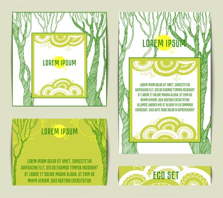Vector set of invitation cards and place for text. Design invitation templates with silhouette of tree fnd doodle art. Illustration in white and green color in eco stile.のイラスト素材