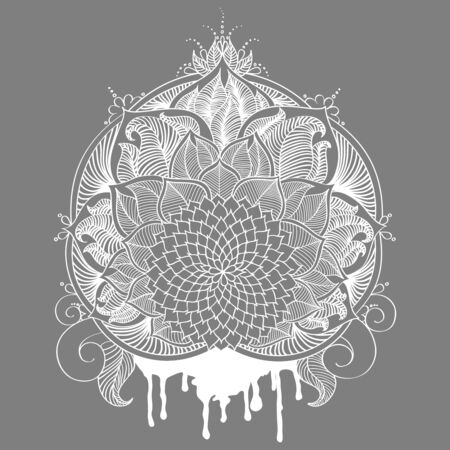Vector illustration for cards. Floral element for design and place for text. Floral ornament for business cards, banners, wedding invitations and greeting cards. Mandala decor on monochrome backgroundのイラスト素材