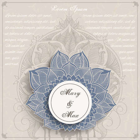 Vector illustration for cards. Floral element for design and place for text on round paper. Foliage ornament for banners, wedding invitations and greeting cards. Mandala decor on neutral backgroundのイラスト素材