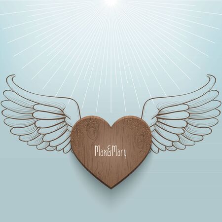 Wooden heart flying in the blue skies among the sunlight to love.のイラスト素材