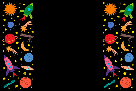 Set of space objects rocket, planet, star, comet, ufo, satellite. Vector illustration for poster, textile, wallpaper, card.のイラスト素材