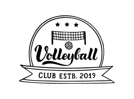 Beach volleyball club hand written lettering logo, emblem with ball and net.のイラスト素材