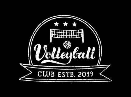 Volleyball club hand written lettering logo, emblem with ball, net and stars.のイラスト素材