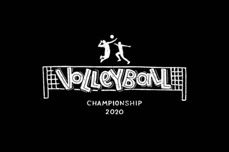Volleyball hand written lettering logo, emblem with player, ball and net.のイラスト素材