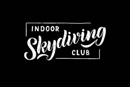 Indoor skydiving club hand drawn lettering logo, emblem. Textured vector illustration on black chalkboard.のイラスト素材