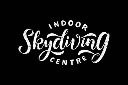 Indoor skydiving centre hand drawn lettering logo, emblem. Vector illustration with texture isolated on black background.のイラスト素材