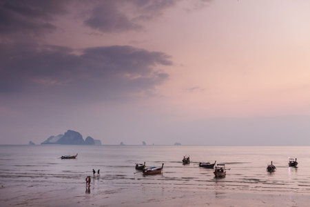Traditional thai boats at sunset beach. Ao Nang, Krabi province.のeditorial素材