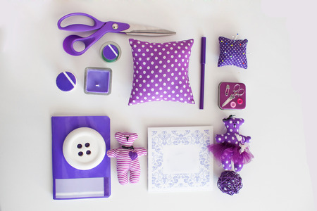 Overhead view of sewing tools and accessoriesの写真素材