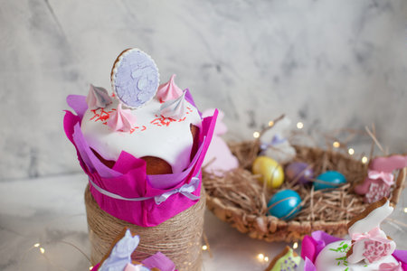 Easter holidays breakfast concept with copy space. Easter composition with orthodox sweet bread,...