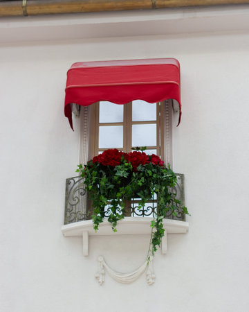 Beautifully decorated window, French balcony with red flowers and a canopy. White wall of a house with a flower pot and molding. Architecture design beauty verticalの写真素材