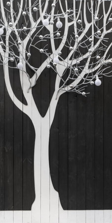 The painted tree is decorated with festive silver Christmas balls and lights. Black and white wooden decoration for New Year and Christmas holidayの写真素材