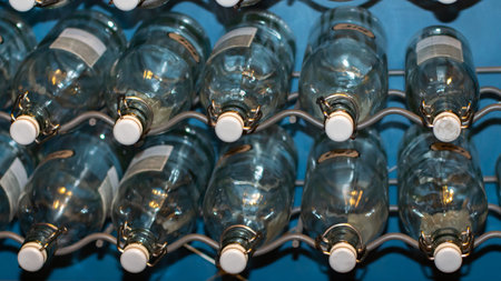 A metal holder for glass bottles, a shelf for storing homemade wines. Many empty transparent glass...