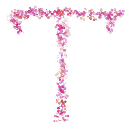 Letter T latin alphabet. Pink dot circles, shades of pink lilac. Lettering bubbles circles, hand drawing letter font. Beautiful color stylized type for design and decoration.の写真素材