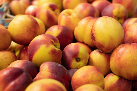 Heap of ripe red yellow aromatic nectarines. Fruit harvest sale. Background backdrop a large number...