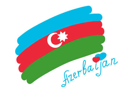 Azerbaijan flag, simple stylized vector illustration with freehand text. Blue red green azerbaijani flag, hand drawn country name with heart over letter. Isolate on white backgroundのイラスト素材