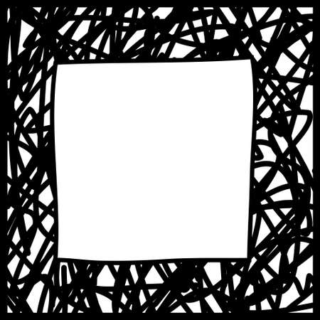 Black square frame, chaotic hatching mesh. Black and white design element for decoration. Simple doodle border colorless copy spaceのイラスト素材