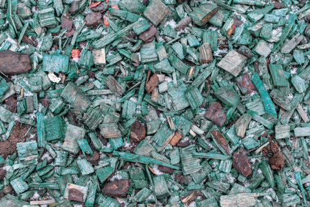 Green wood chips for decorating city streets top view, texture of natural wood flooring from painted and unpainted wood. Textured effect background for designの写真素材