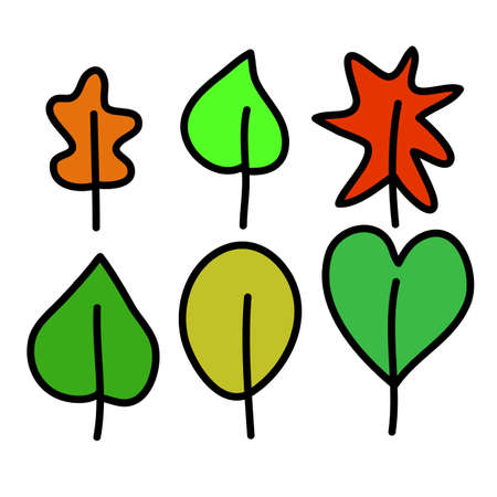 Set of autumn leaves of different trees with a stroke. Primitive doodle style color vector flat illustrationのイラスト素材