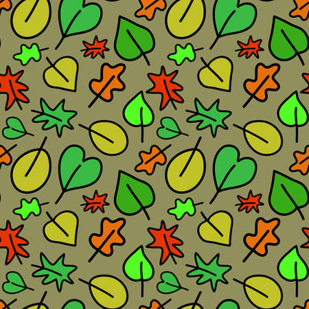 Autumn leaves seamless pattern, green orange leaf. Primitive style vector illustration design for textile print, wrapping paper, cover, web, printのイラスト素材