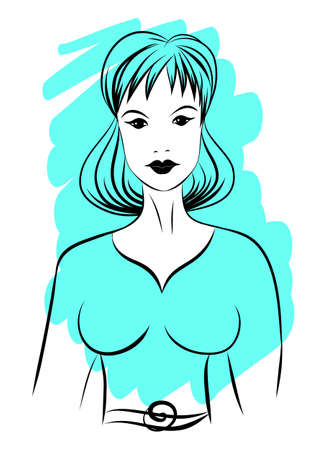 Waist-length portrait of a beautiful woman, fashionable vector illustration for design. Freehand line art stylization. Black silhouette of a woman and a blue spot on the backgroundのイラスト素材
