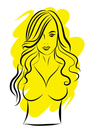 Lineart portrait of a beautiful girl with long hair, fashionable vector illustration for design. Slim woman silhouette and yellow spotのイラスト素材