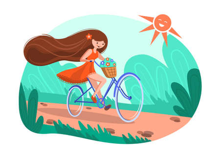 A girl on a bicycle, a red dress, a basket of flowers and flying long hair. Cheerful summer vector illustration girl riding a bikeのイラスト素材