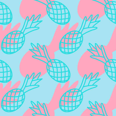 Tropical pineapple seamless pattern, summer background pineapple pink blue outline, trendy color, design for fabric, textile printのイラスト素材