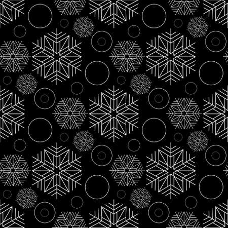 Snowy christmas seamless pattern, snowflake on black background, crystal symmetrical ornamentのイラスト素材