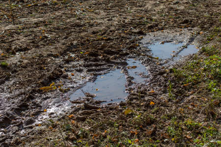 Earth after rain and puddle, natural rural background autumn rainy weather puddles of slush and mudの写真素材