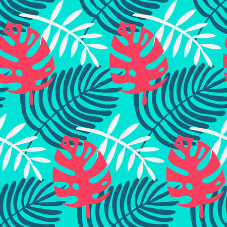 Monstera and palm seamless pattern, tropical leaf, vector illustration