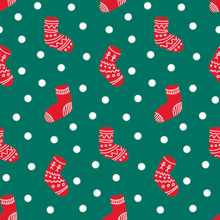 Christmas decoration red sock for gift on green background seamless pattern, cute simple childish vector illustrationのイラスト素材