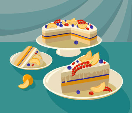 Fruit cake on a plate, berry currant blueberry outline, appetizing pie with fruit berry layer vector illustrationのイラスト素材