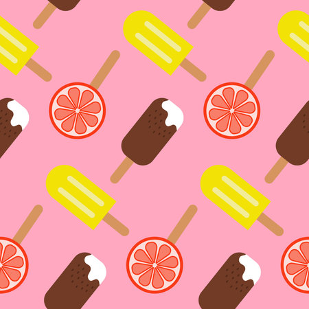 Seamless pattern ice cream popsicle in chocolate and citrus fruit ice. Design for fabric, wrapping...