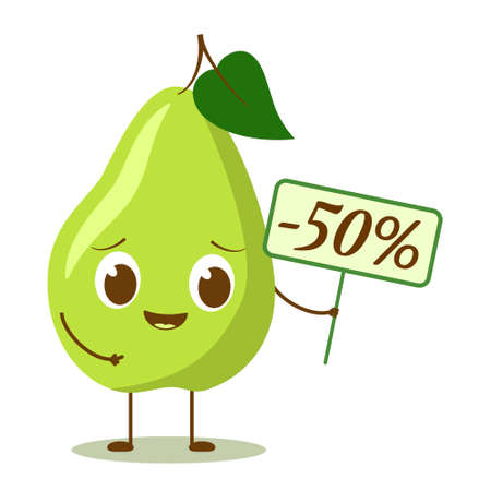 Character green pear with face holding discount ballic. Cheerful pear with eyes offering a discount. EPS10 vector illustration easy to recolorのイラスト素材
