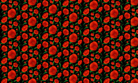 Red poppy on a black background, bright pattern contrast color, flower poppy blossom illustration...