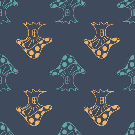 Fly agaric amanita mushroom seamless pattern dark background for textile and wrapping paper design, eps 10 vector illustrationのイラスト素材