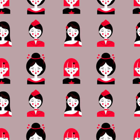 Asian woman face seamless pattern, bright red black print with Asian girl in different images for textile design and packaging illustration vectorのイラスト素材