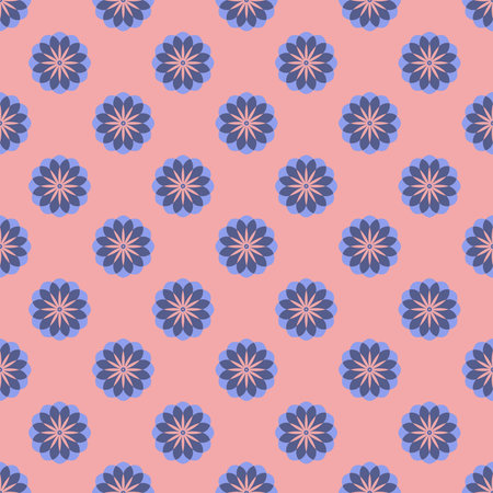 Cute blue flower flat cartoon seamless pattern on pink background for packaging and textile design, cute fun patternのイラスト素材