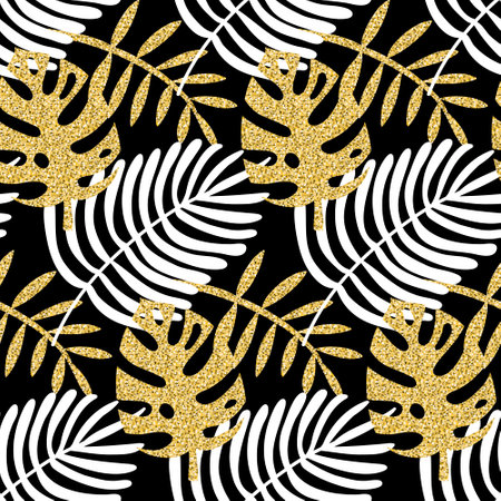 Tropical seamless pattern gold black glitter shimmer monstera palm leaf for scrapbook designの写真素材