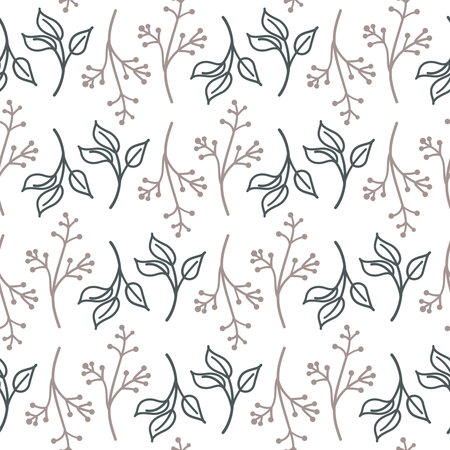 Gray white twig grass with berry seamless pattern