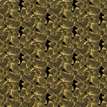 Golden huge flower, seamless pattern black golden shimmer shiny backgroundの写真素材