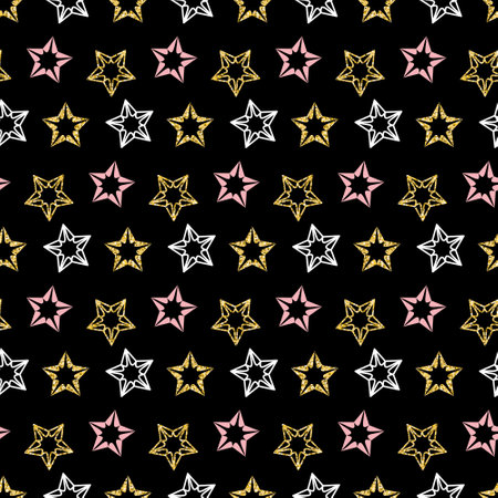 Golden star white pink color, seamless pattern black gold shimmer shiny background for designの写真素材