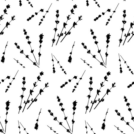 Thin sprig of lavender seamless pattern, cute black and white wallpaper and textile designのイラスト素材