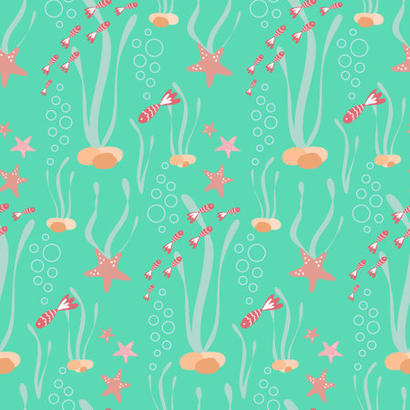 Pastel seamless pattern with fish and starfish for summer background in nuatical style. Flat design green mint backgroundのイラスト素材
