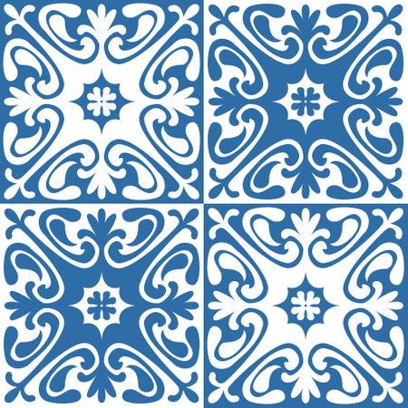 Azulejo ceramic tiles retro motif for interior decor, blue indigo geometric vector Illustrationのイラスト素材