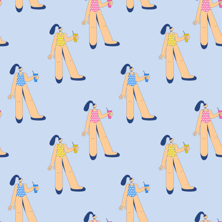 Girl in a polka dot swimsuit with a glass of soda on the beach. Seamless pattern vector illustration blue pink summer printのイラスト素材