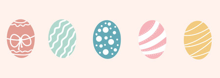 Set of colored eggs decorated for Easter holiday. Pink blue yellow pastel color, collection of colored eggs vector illustrationのイラスト素材