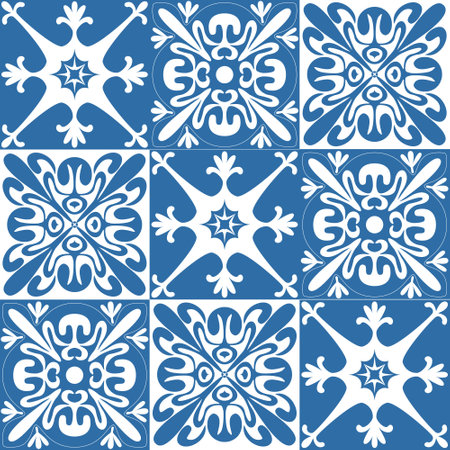 Seamless pattern Azulejo mosaic tile in blue color, traditional ornament for wall decoration and interior designのイラスト素材